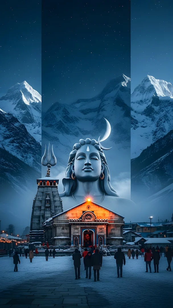 Lord Shiva Statue and Kedarnath Temple in Himalayas