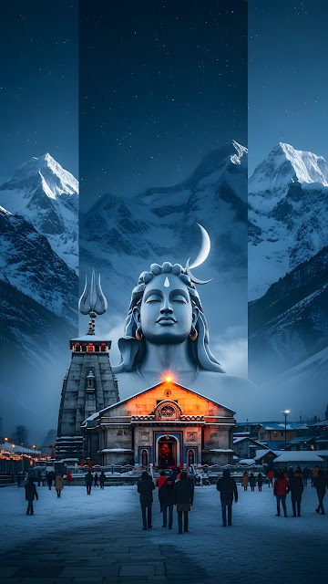 Lord Shiva Statue and Kedarnath Temple in Himalayas - Free mobile Wallpaper