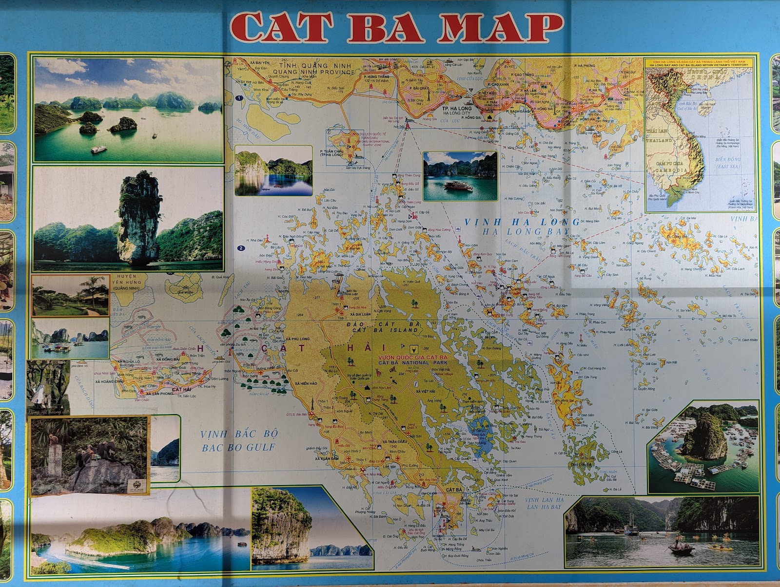 A photo of a map showing the geography of Cat Ba Island, Lan Ha Bay, and
                 Ha Long Bay.