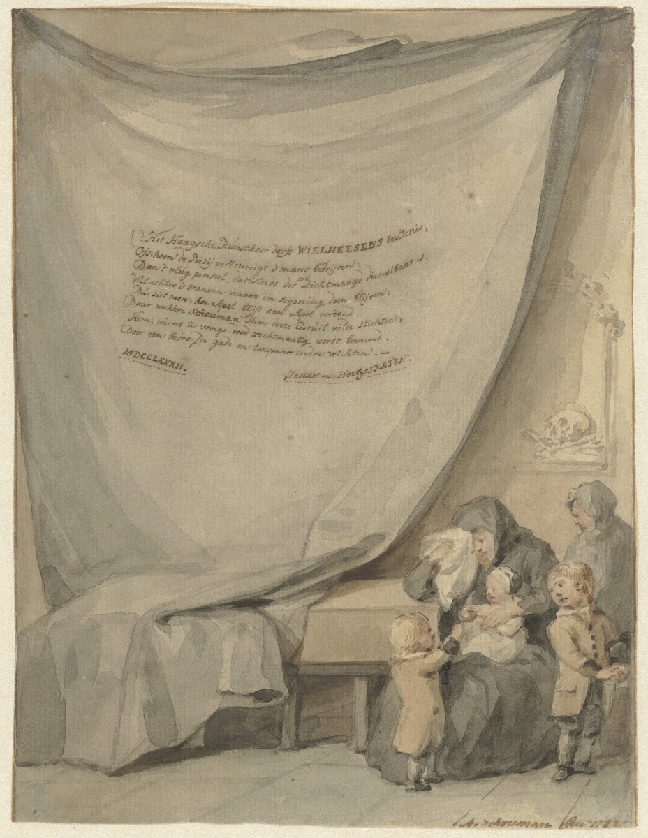 Weduwe met vier kinderen bij een doodskist 1782