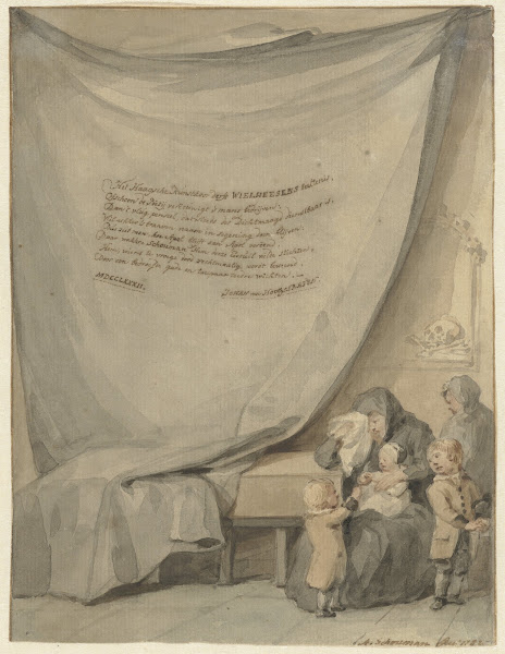 Weduwe met vier kinderen bij een doodskist 1782