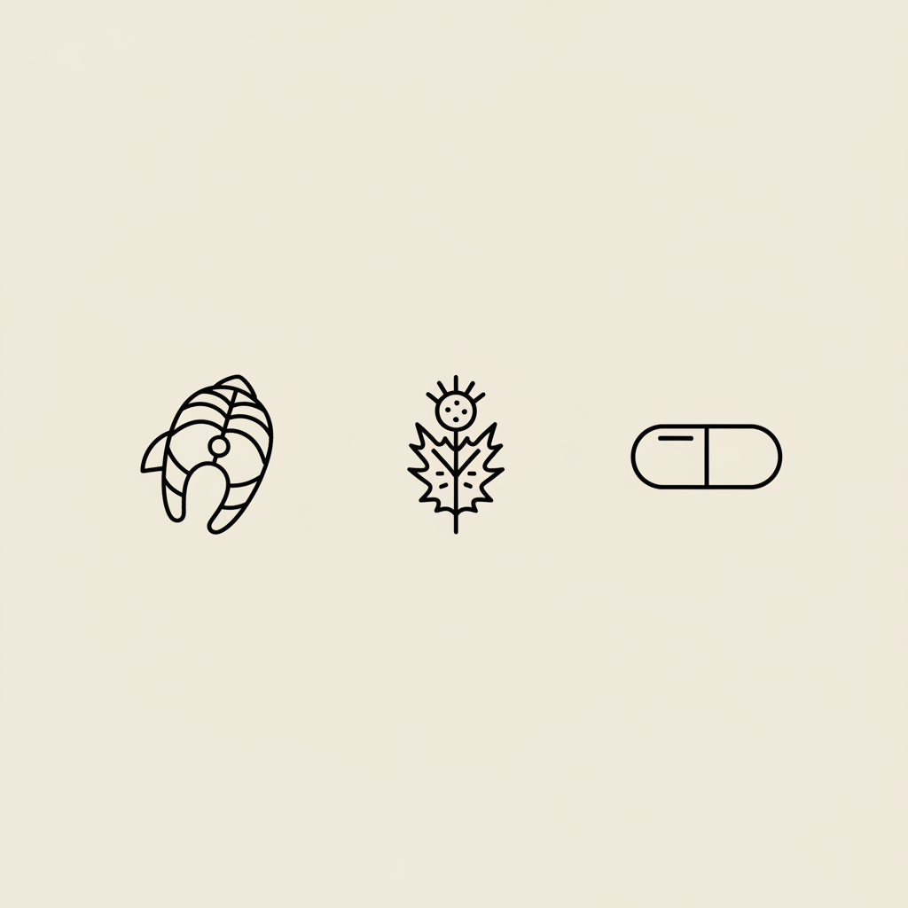 Minimal Tonum-style line icons of a fish, milk thistle leaf, and capsule on beige background, illustrating vitamins for memory