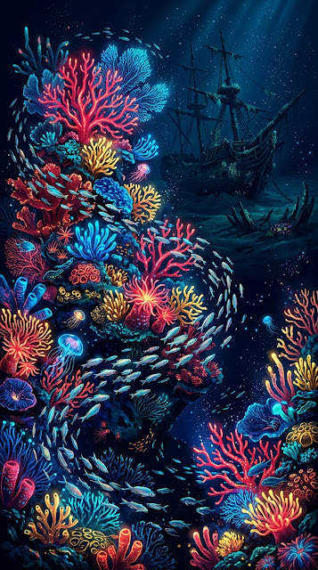 Bioluminescent Coral Reef and Sunken Pirate Ship Underwater - Free mobile Wallpaper