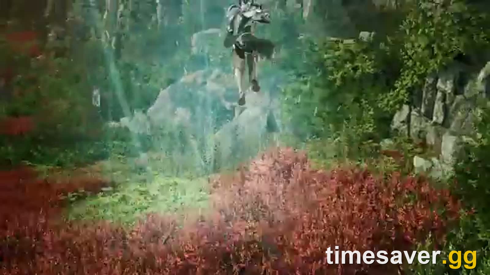 An AION 2 Daeva glides on wings over a red-and-green Atreia landscape