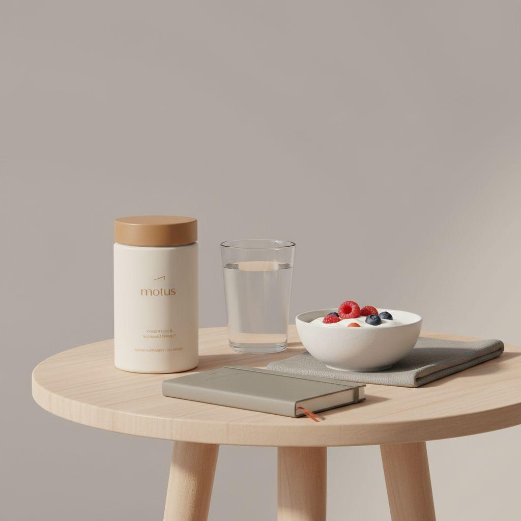 Motus supplement jar on a wooden table with Greek yogurt, berries, a glass of water and a journal in a minimalist Tonum breakfast scene to slim down belly