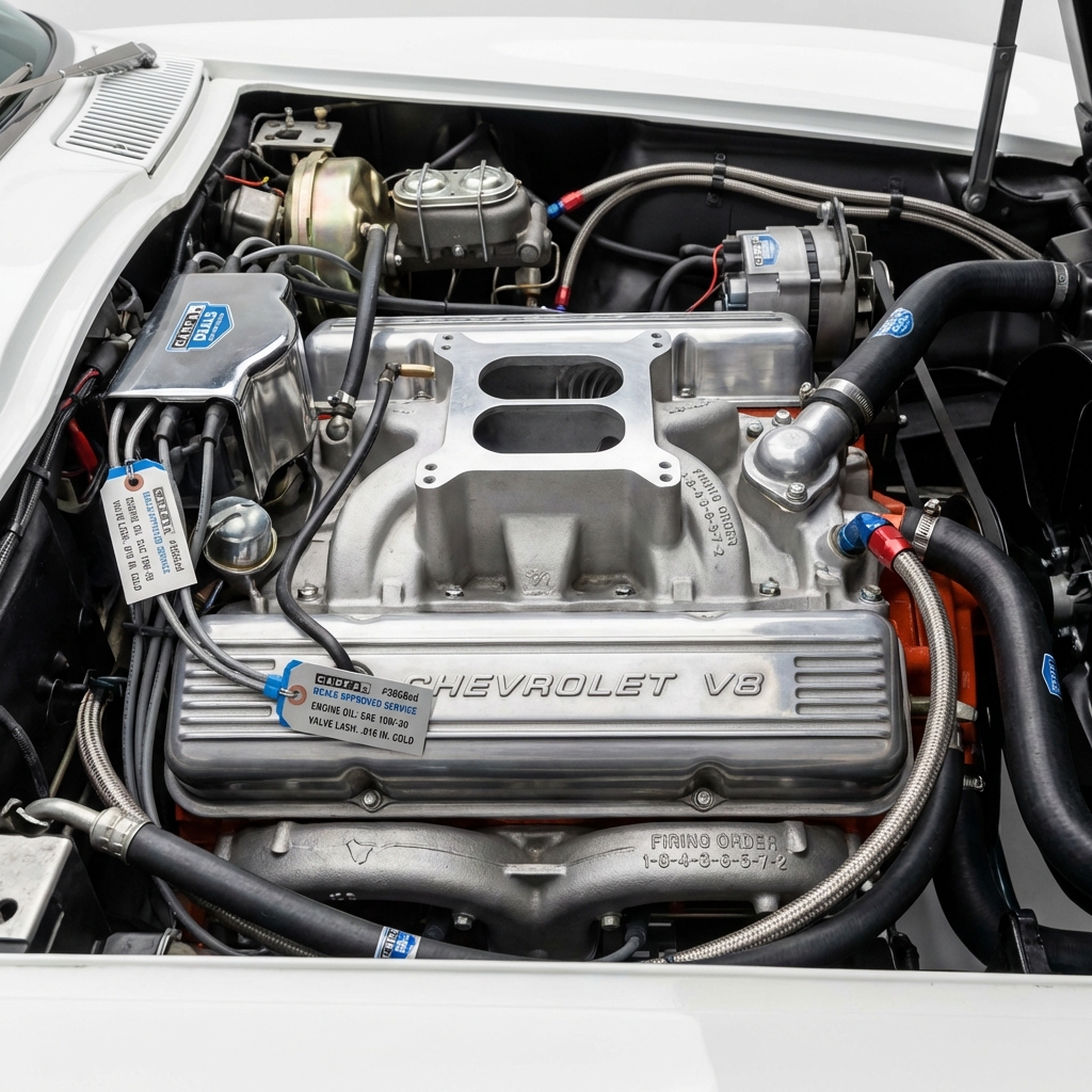 Close up of Corvette V8 engine bay with clear service tags and labels on white background optimized for chevrolet corvette for sale