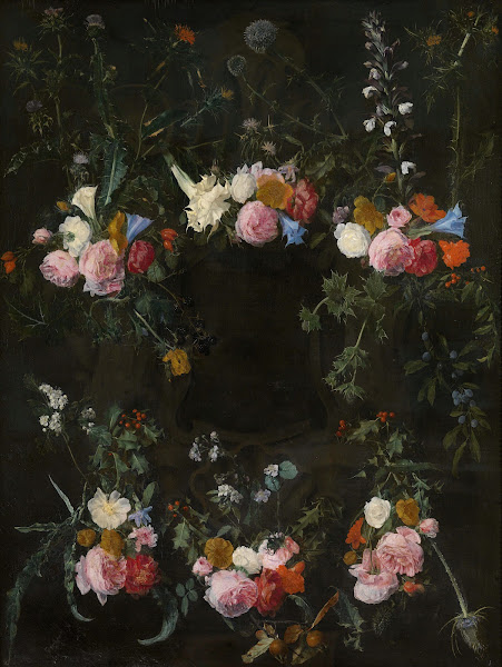 Sculpted cartouche adorned with flower garlands 17th century