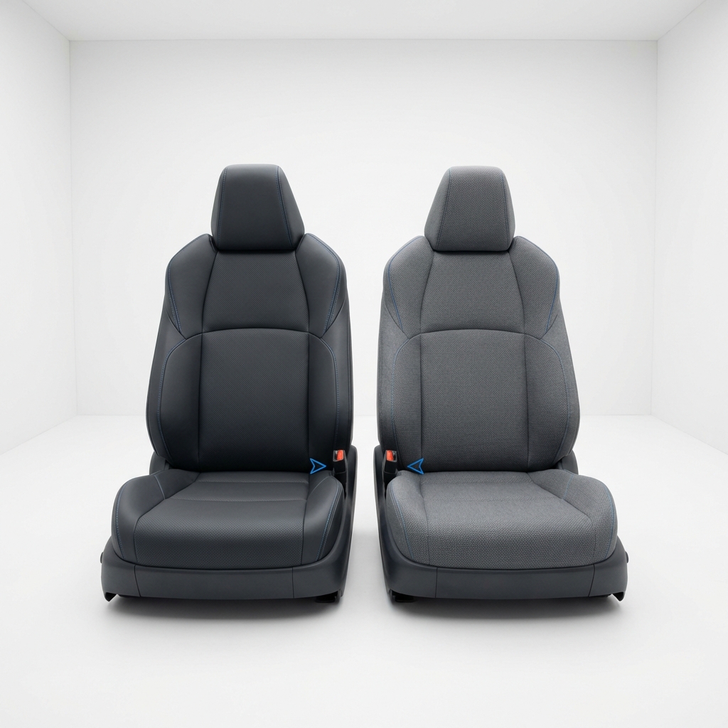 Interior comparison of two front seats showing SofTex leather left and cloth right with visible heated seat controls and blue brand callouts used 4runner for sale