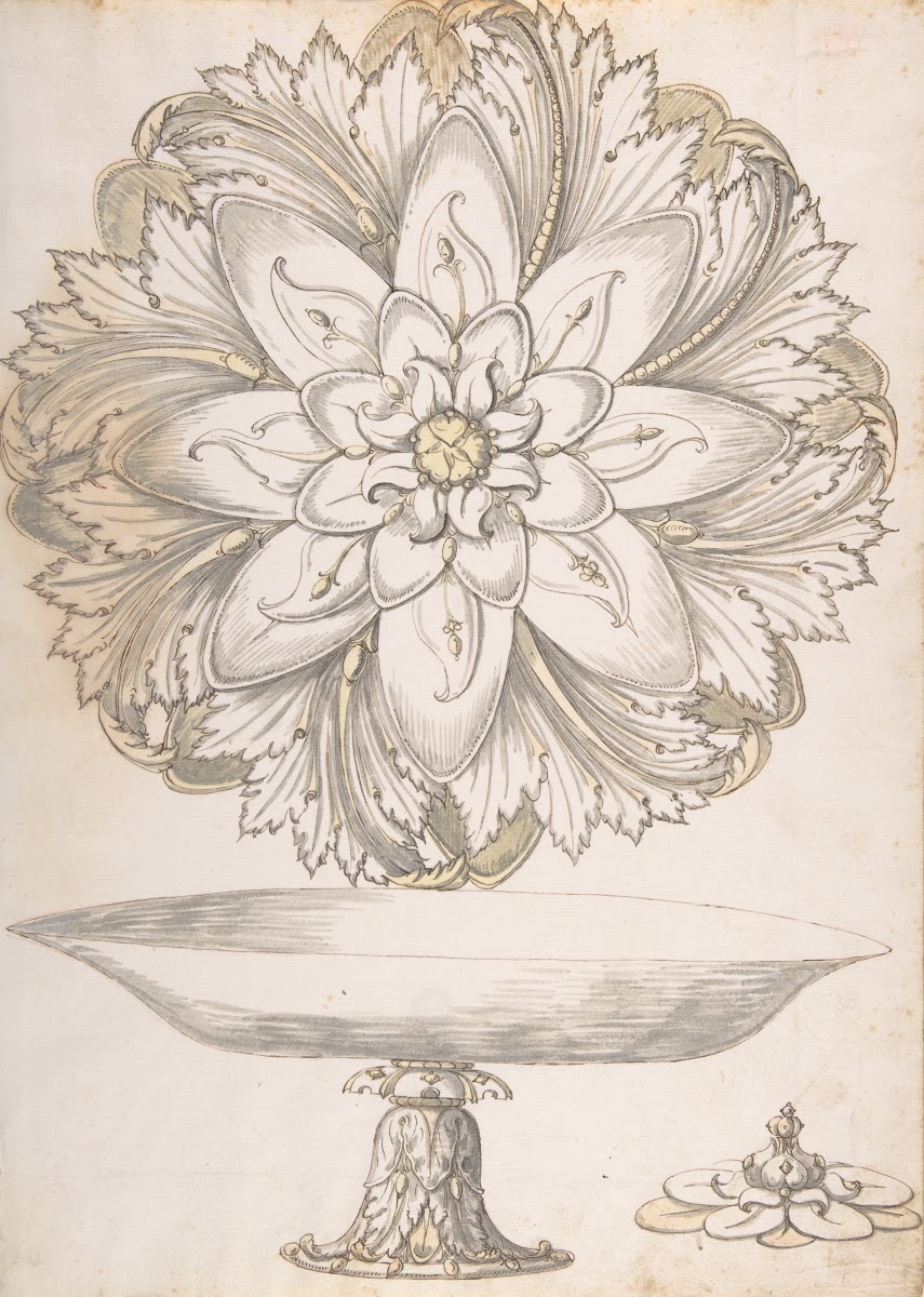 Design for Single Footed Dish with Cover Shaped like Flower and Foliage 16th cen