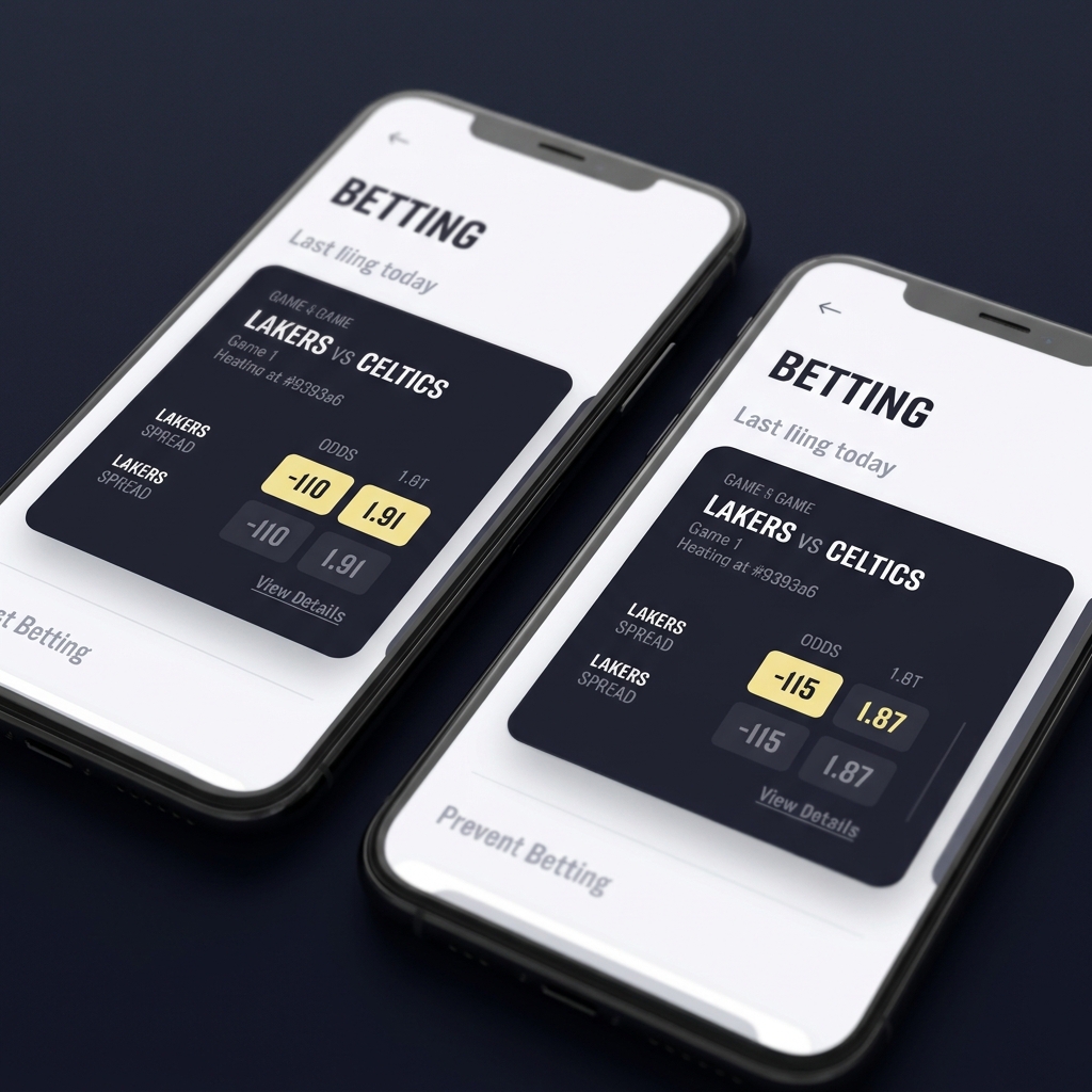 Close up of two smartphone screens showing competing bovada odds for the same game with small differences highlighted in pale yellow on a dark Funded Plays style background