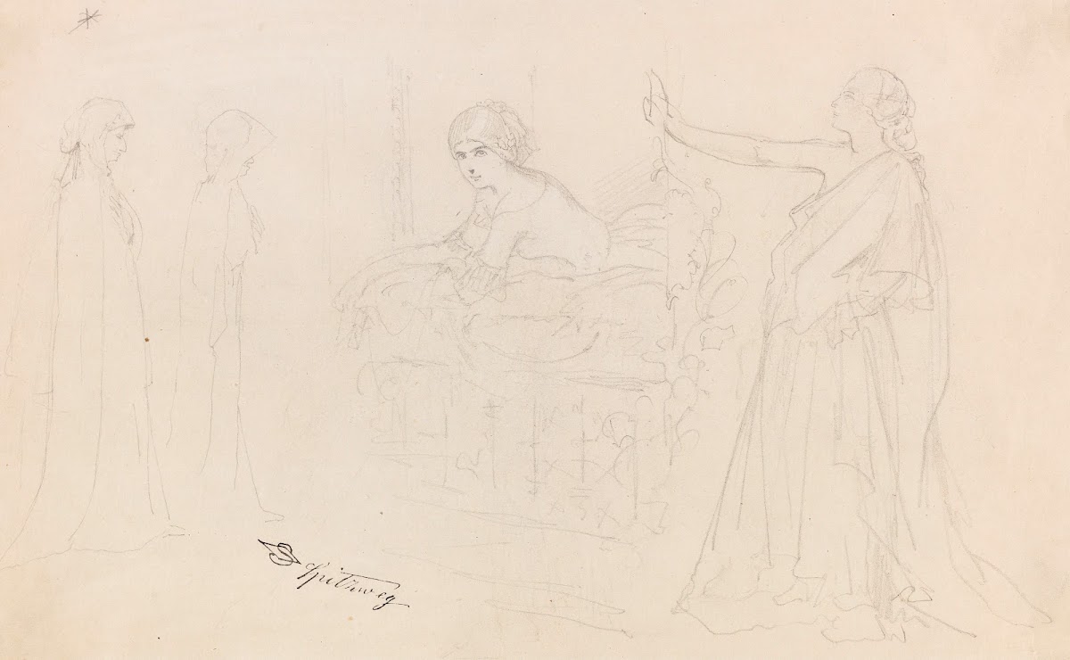 Figurenstudien Eremit Junge Frau am Fenster Allegorie 1840
