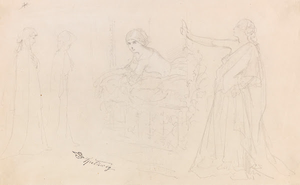 Figurenstudien Eremit Junge Frau am Fenster Allegorie 1840