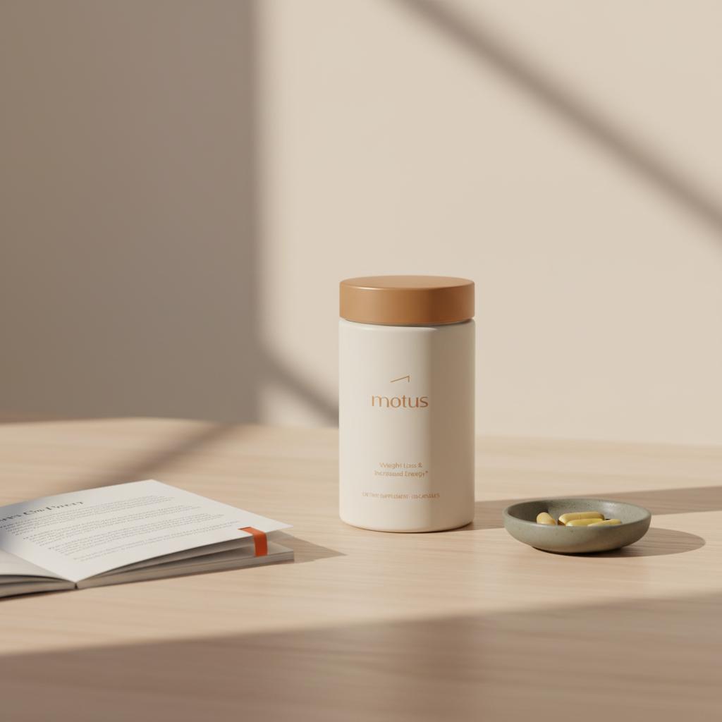 Minimalist lifestyle photo of a Tonum supplement container next to a small dish of berberine-like capsules and an open research pamphlet on a #F2E5D5 table.