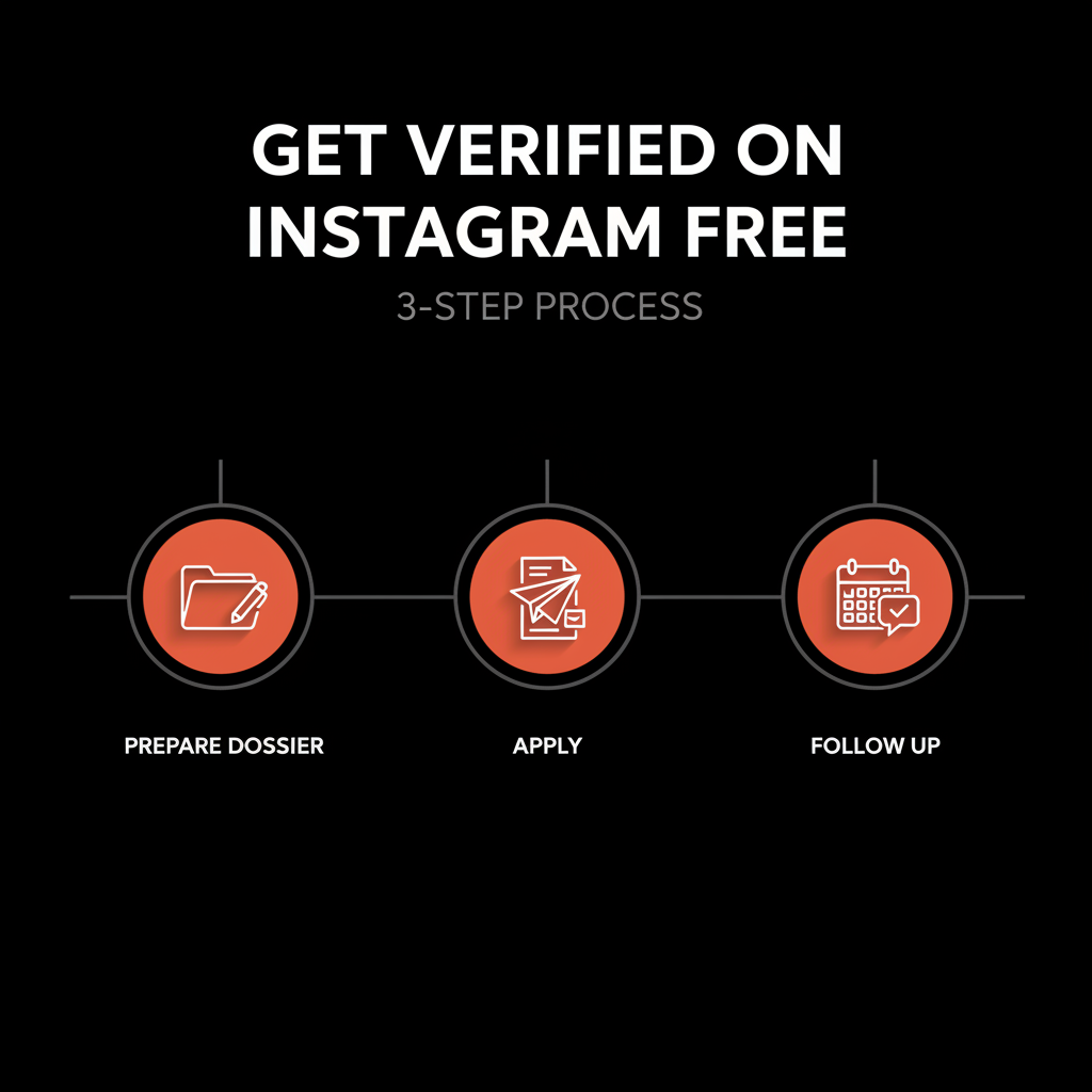 Minimal three-step timeline infographic on black background showing prepare press dossier, apply, follow up for how to get verified on Instagram for free