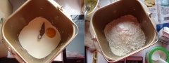 Đầu tiên đổ kem whipping, sữa tươi, lòng đỏ trứng vào âu và trộn đều. Sau đó thêm bột mì, muối, đường và men nở vào, bật máy trộn để trộn bột thành khối dẻo mịn, nếu không có máy thì dùng tay nhồi nhé. Tiếp đó cho bơ lạt làm mềm vào nhào chung đến khi đạt độ dẻo mịn, kéo thành tấm mỏng là được.