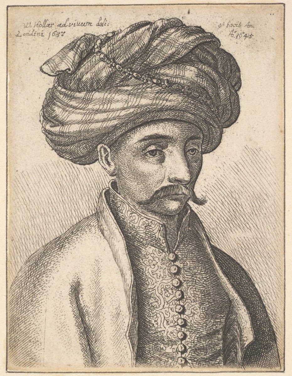 Head and shoulders of a Turkish man with a moustache and a large turban 1645