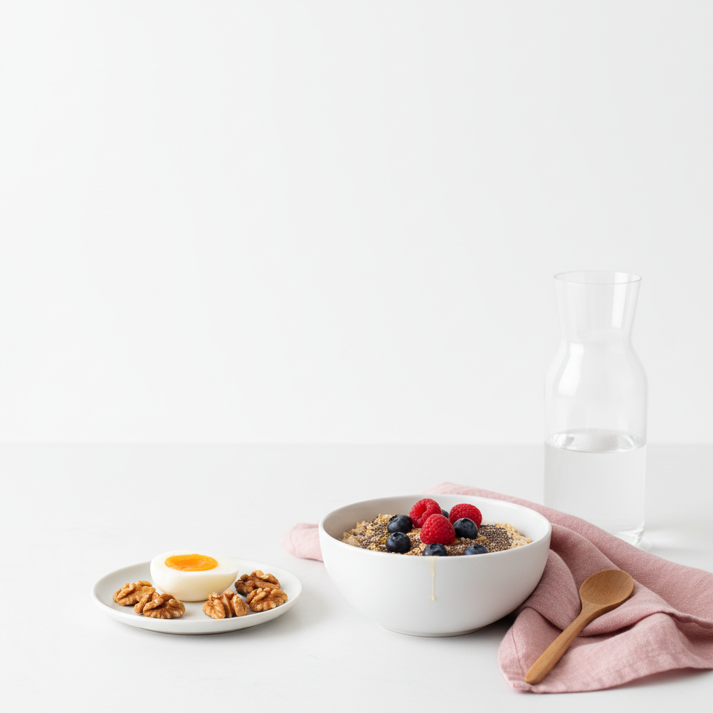 Minimalistisches Frühstück mit Overnight Oats, Beeren, gekochtem Ei und Walnüssen auf weißer Arbeitsplatte — Ernährung für Nägel.