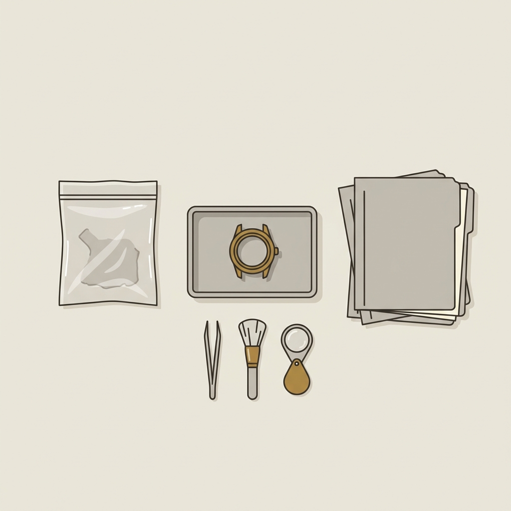Minimalist 2D vector illustration of a conservator workspace with a reversible bezel mount on a tray documentation folders and a sealed evidence bag in Aurora Antiqua palette roman coin jewelry authentic