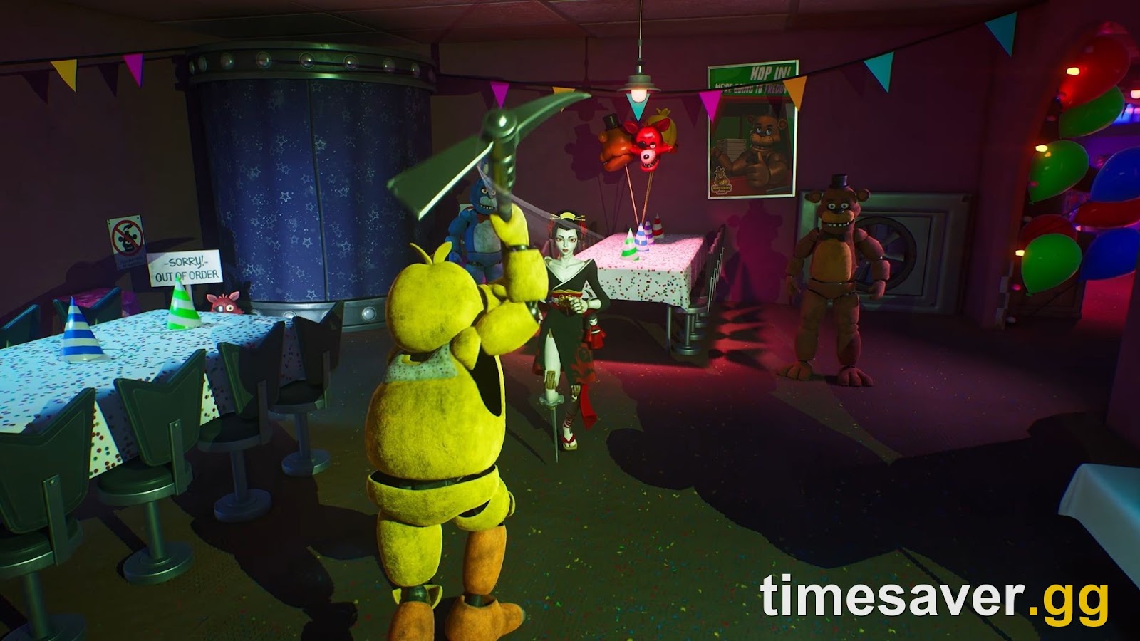 Fortnite players fighting through the haunted Freddy Fazbear's Pizzeria POI during Fortnitemares 2026, with Freddy, Bonnie and Chica animatronics in the room