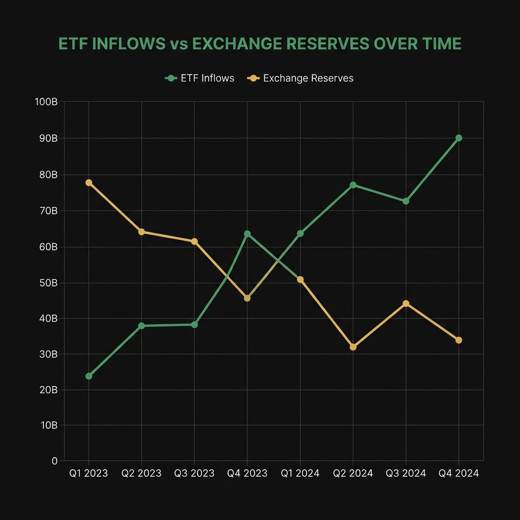 Minimal dual line chart comparing ETF inflows and exchange reserves over time for cryptocurrency investors on a dark brand background with green and gold lines