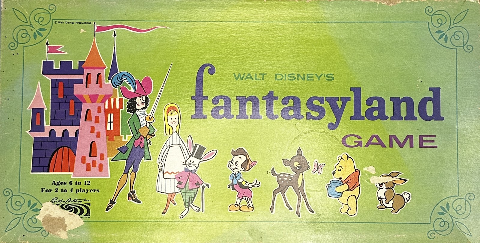Walt Disney's Fantasyland Game box by Parker Brothers, with crossover art of Captain Hook, Alice, the White Rabbit, Pinocchio, Bambi, Winnie the Pooh and Thumper around a stylized Sleeping Beauty Castle.