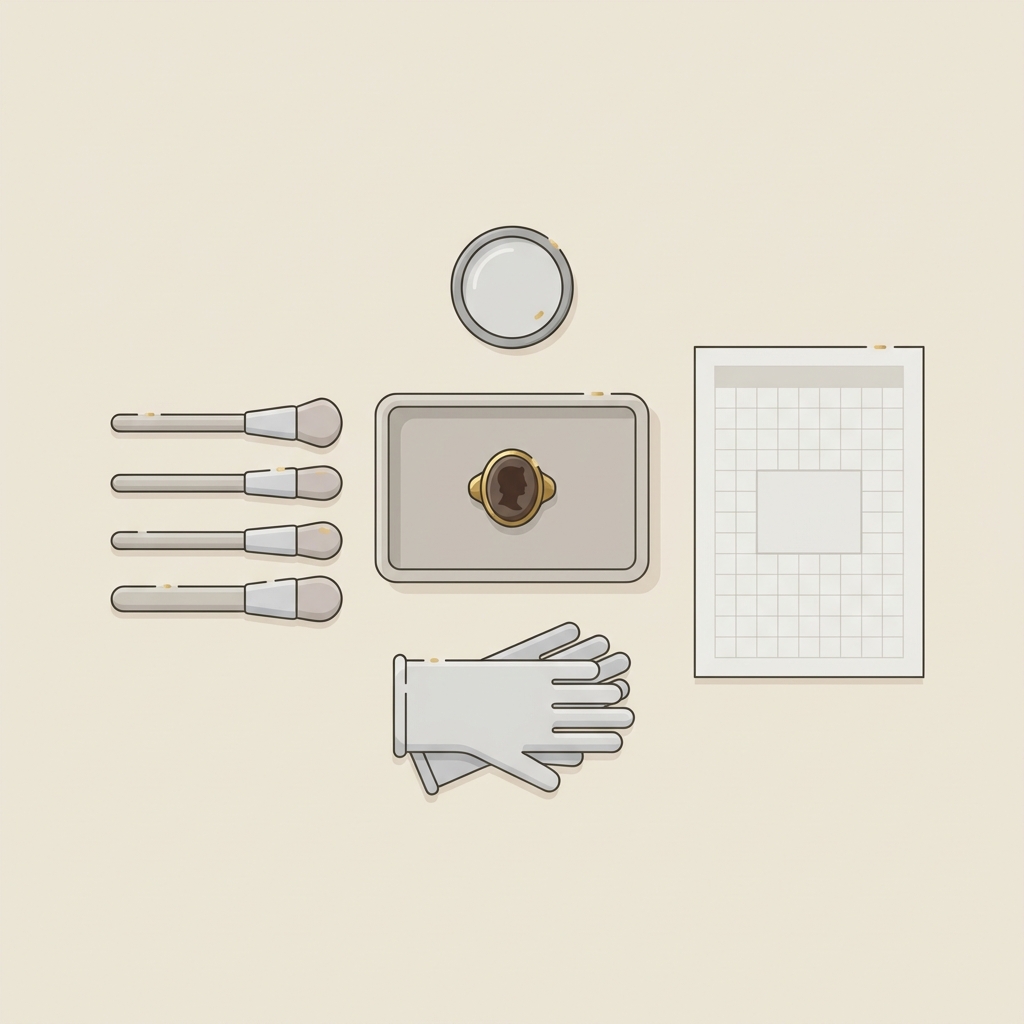 Minimalist top down vector of a conservator workstation featuring a roman intaglio ring on a tray soft brushes cotton gloves and a blank catalog sheet in Aurora Antiqua palette