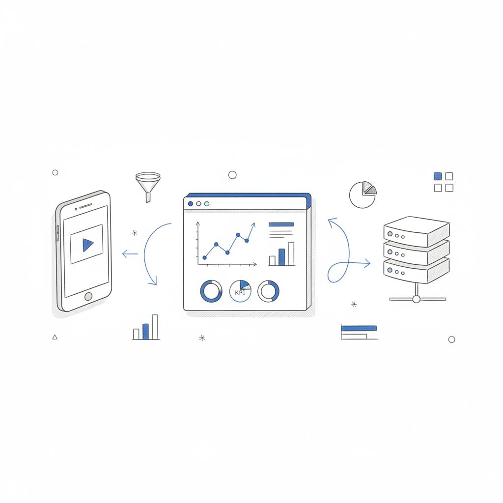Notebook-style desk sketch of a smartphone thumbnail, analytics browser window, and server rack icon illustrating facebook advertising for small business tracking and conversions