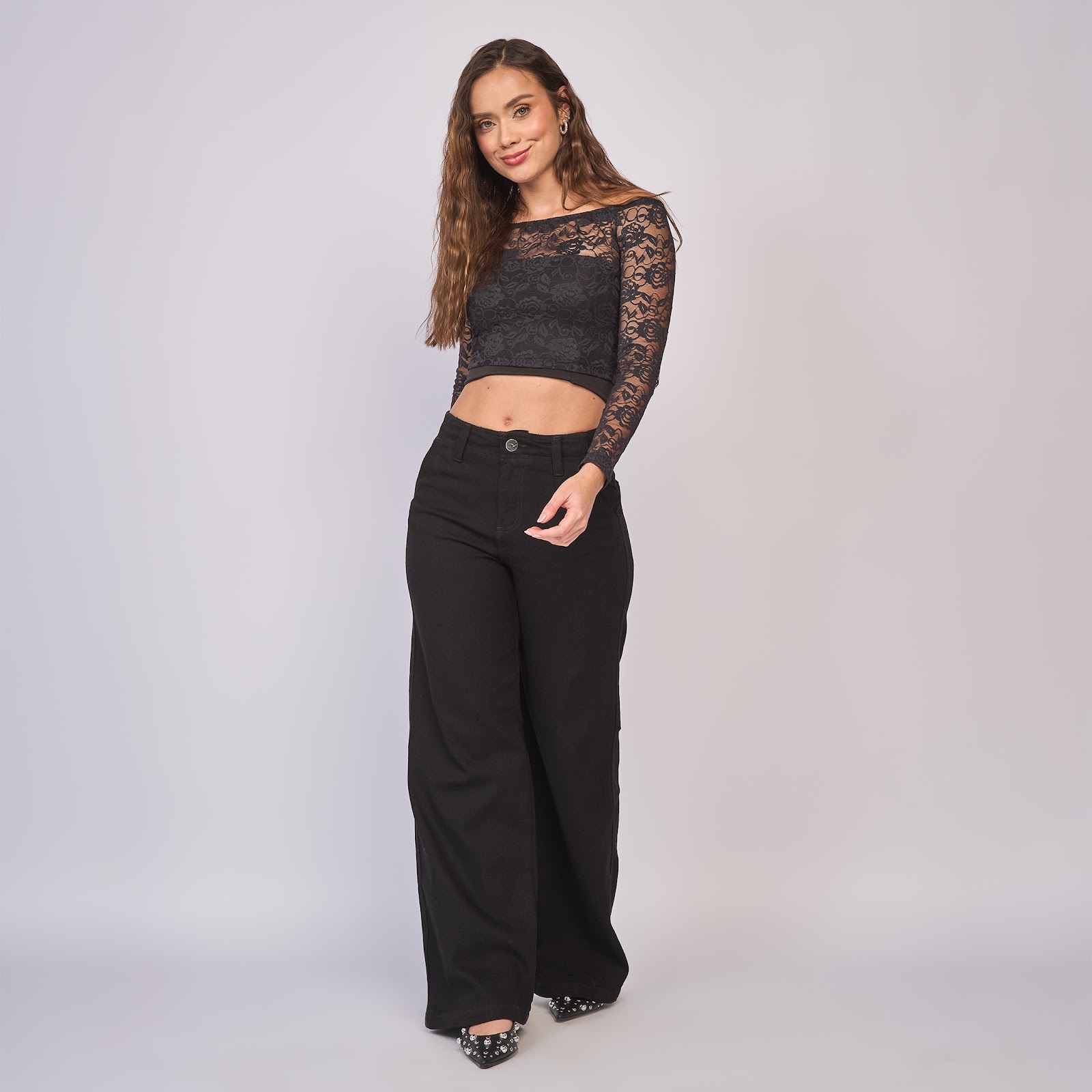 Jean dama wide leg tiro alto licrado, color Negro - Vista 3