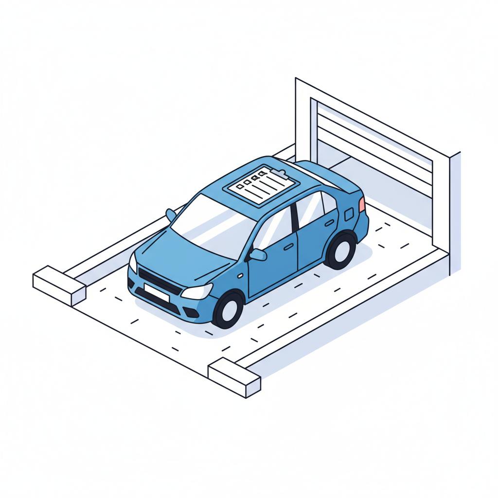 Minimalist vector aerial view of a tidy suburban driveway with a compact sedan and inspection checklist on a clipboard representing the best car under $10,000