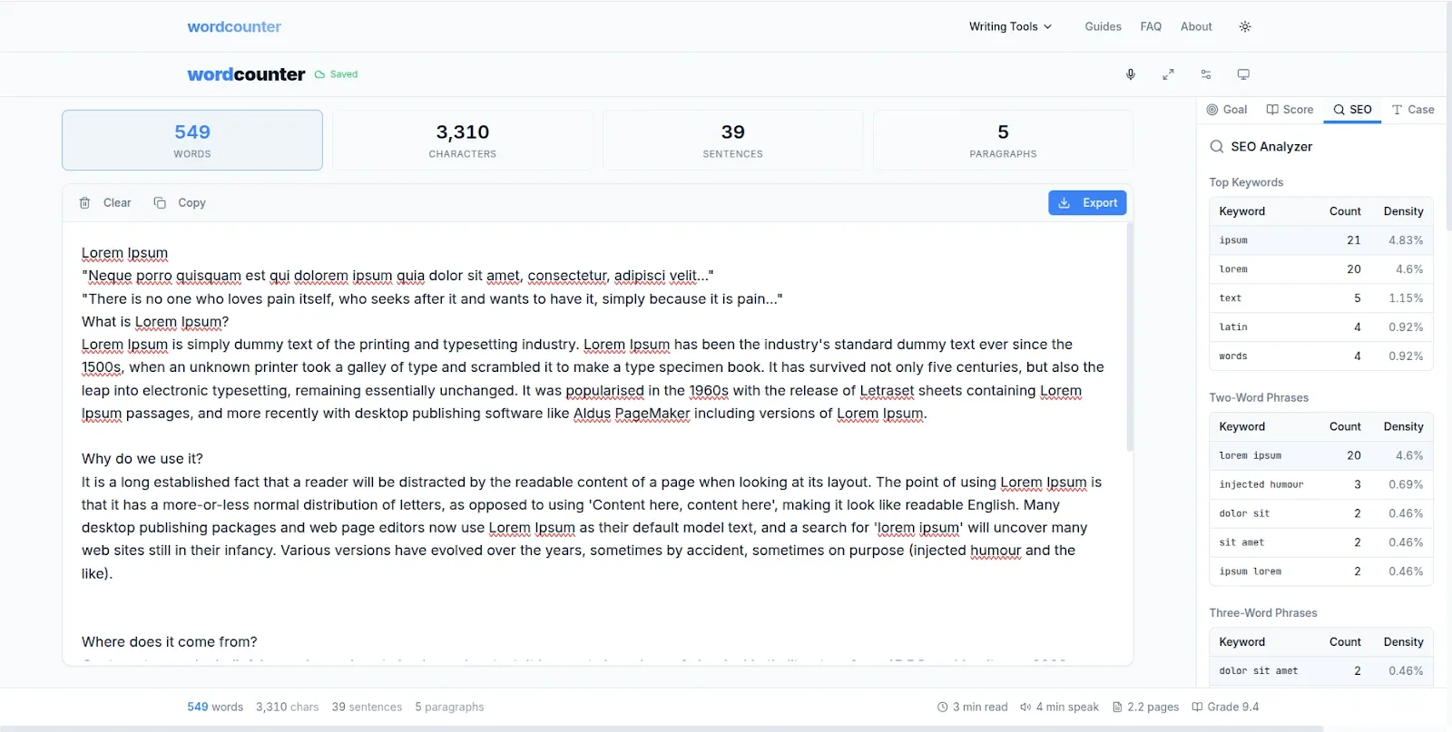 WordCounter showing keyword density percentage reading time and SEO analysis free 2026