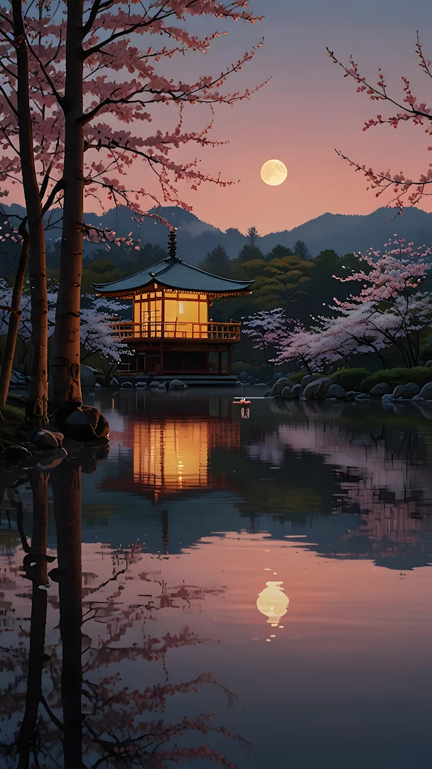 Japanese Pavilion Reflected in Pond with Cherry Blossoms