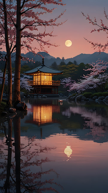 Japanese Pavilion Reflected in Pond with Cherry Blossoms - Free mobile Wallpaper