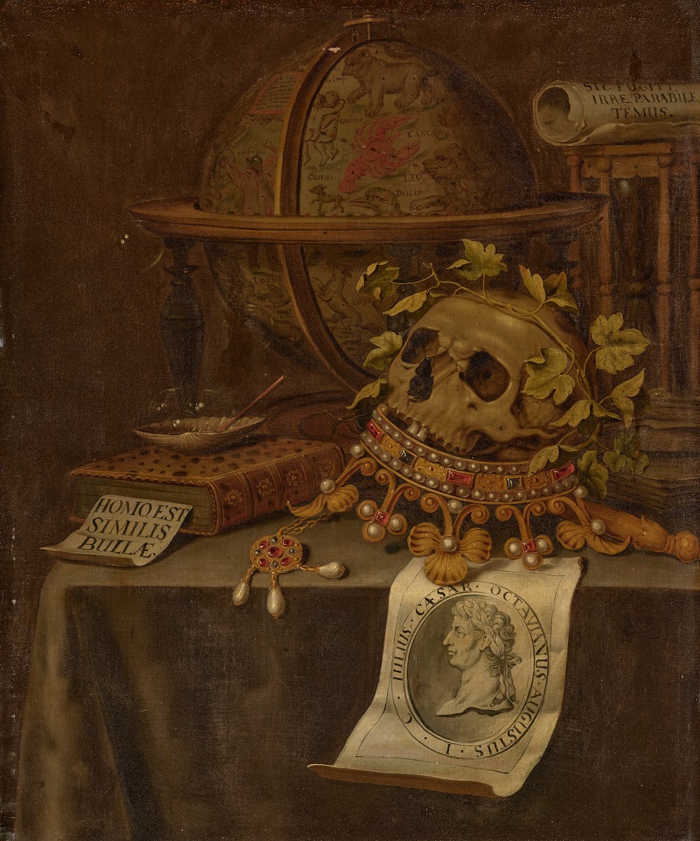 A skull atop a jewelled crown an astrological globe an hourglass a book a shell