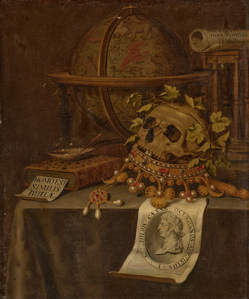 A skull atop a jewelled crown an astrological globe an hourglass a book a shell