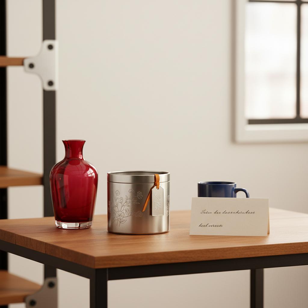 Nahaufnahme von Geschenken auf Holztisch mit graviertem Metallanhänger, rubinroter Glasvase und handgeschriebener Karte, ruhige warme Lichtstimmung – rubinhochzeit geschenke