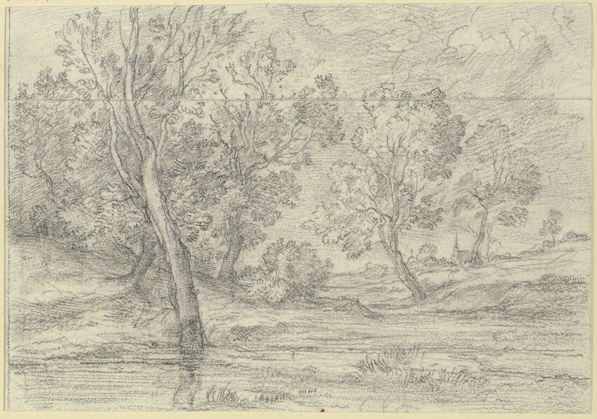 Baumgruppen am Wasser im Hintergrund eine Kirche 1840