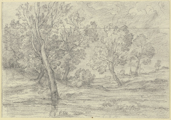 Baumgruppen am Wasser im Hintergrund eine Kirche 1840