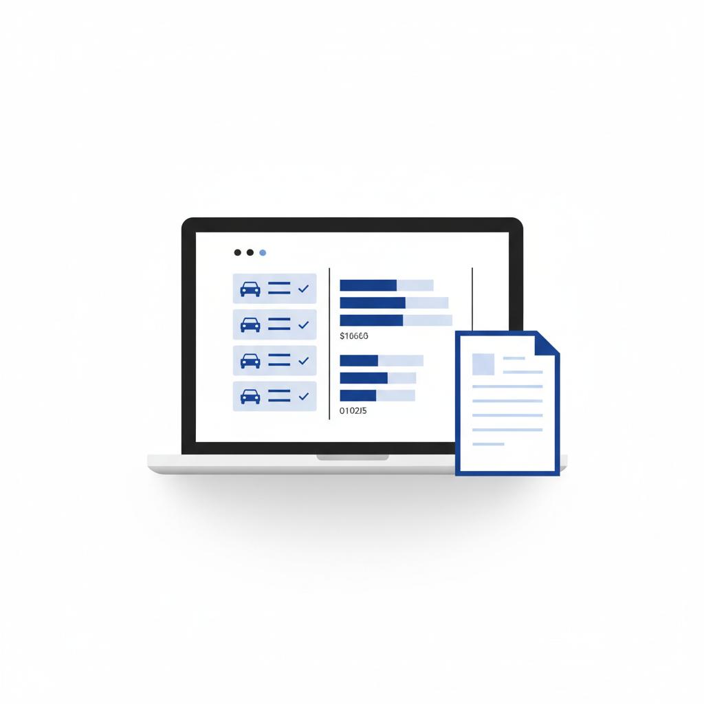 Minimalist 2D vector laptop showing side by side comparables with horizontal price range bars and a printed vehicle history report car valuation calculator