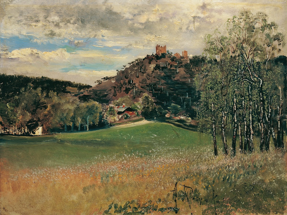 Die Meiereiwiese in der Vorderbrühl mit der Ruine Mödling 1885
