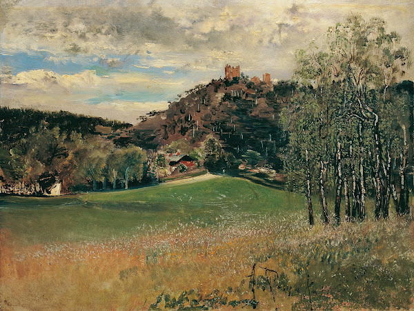 Die Meiereiwiese in der Vorderbrühl mit der Ruine Mödling 1885