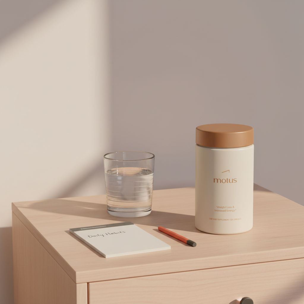 Motus supplement bottle on a pale wooden bedside table next to a glass of water and a notepad reading 'Daily Habits', minimalist scene for what is the fastest weight loss drug