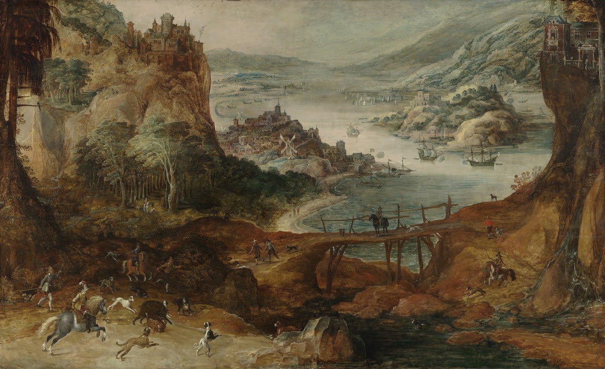 River Landscape with Boar Hunt c 1590   c 1635