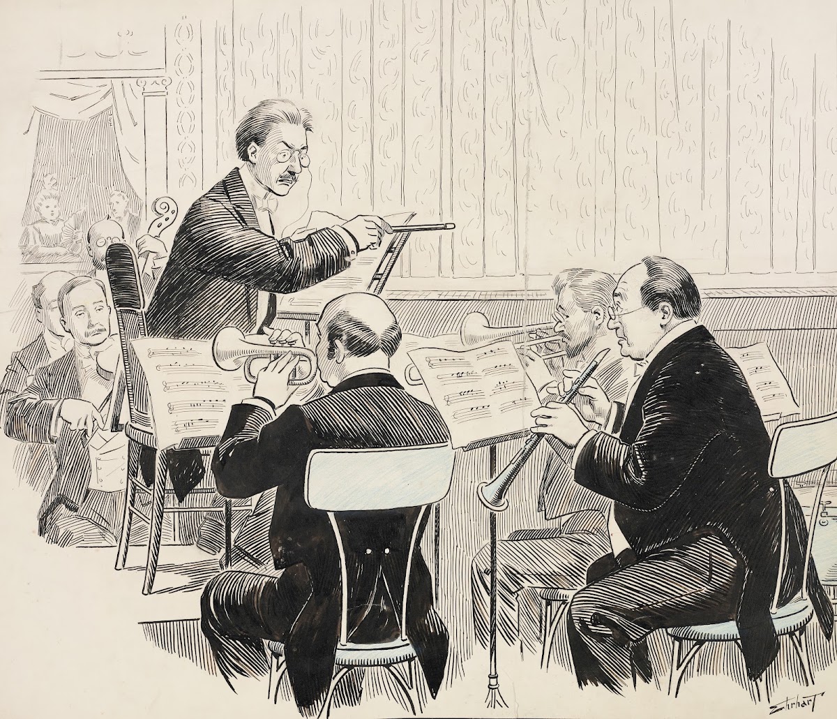 A conductor gives a harsh look to a horn player during a performance 1910