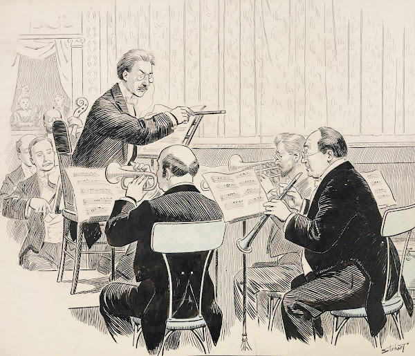 A conductor gives a harsh look to a horn player during a performance 1910