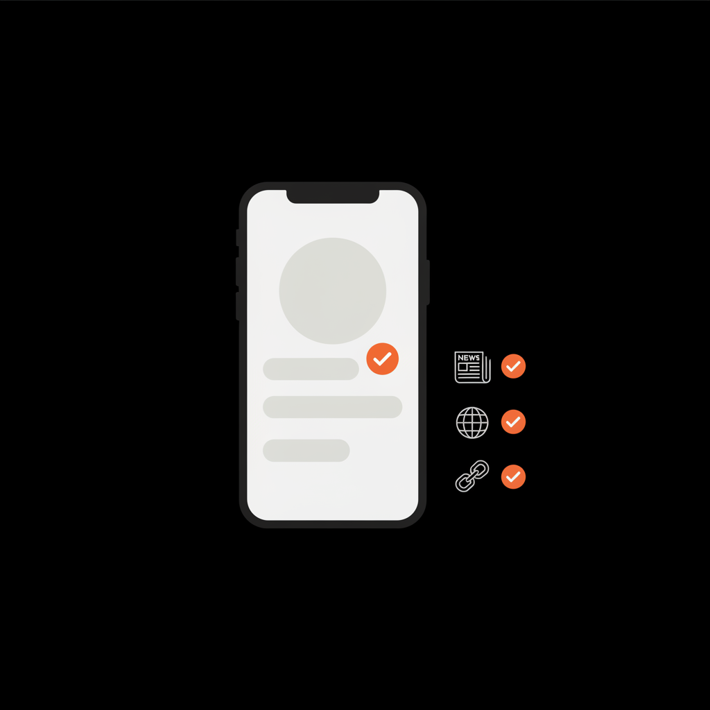 Minimal 2D vector infographic of a phone screen with a verified profile mockup, orange verification badge, and vector icons for press links and official website — instagram verification requirements