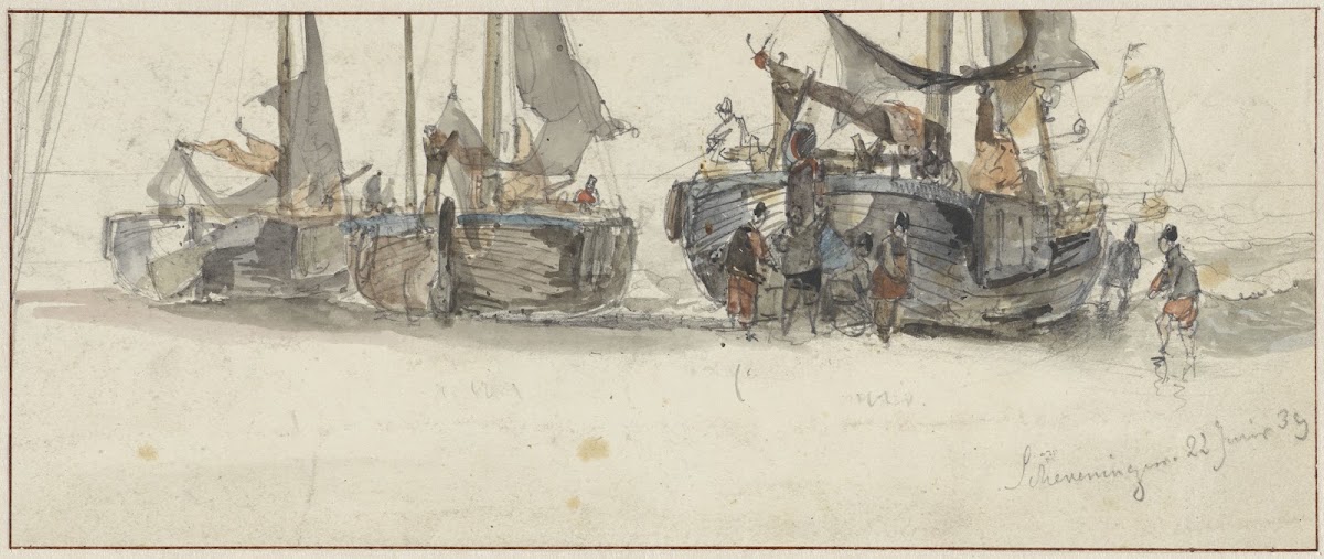Vissersboten op het strand van Scheveningen 1839