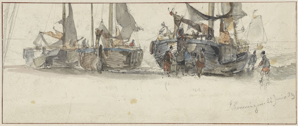 Vissersboten op het strand van Scheveningen 1839