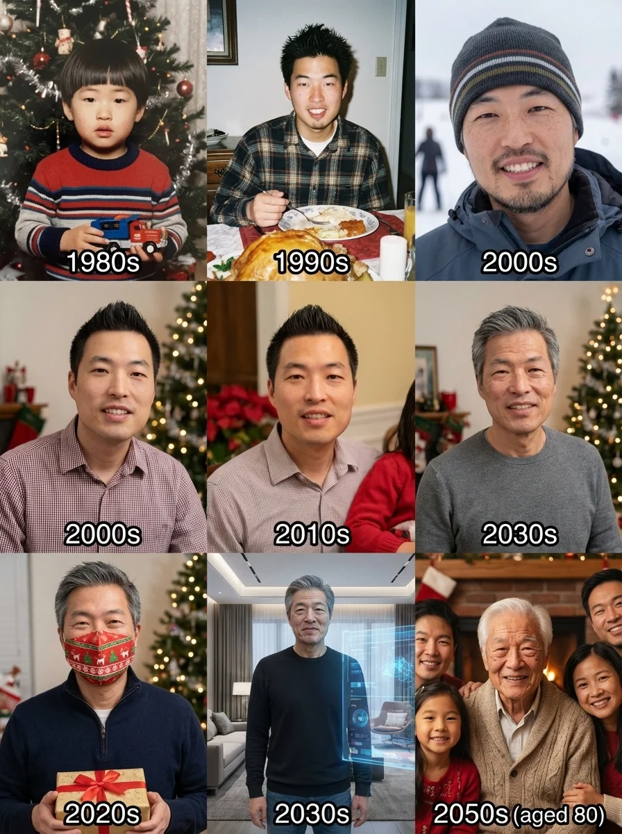 Genera fotos navideñas de esta persona desde joven hasta los 80 años.