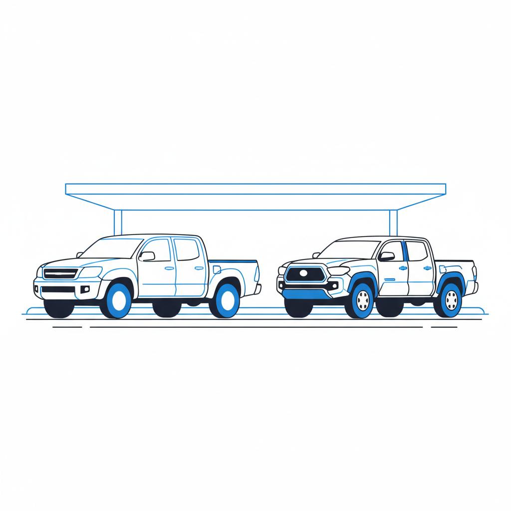 Minimal 2D vector comparison of a hilux like imported pickup and a toyota tacoma side by side at a clean dealership white background blue accents toyota hilux for sale