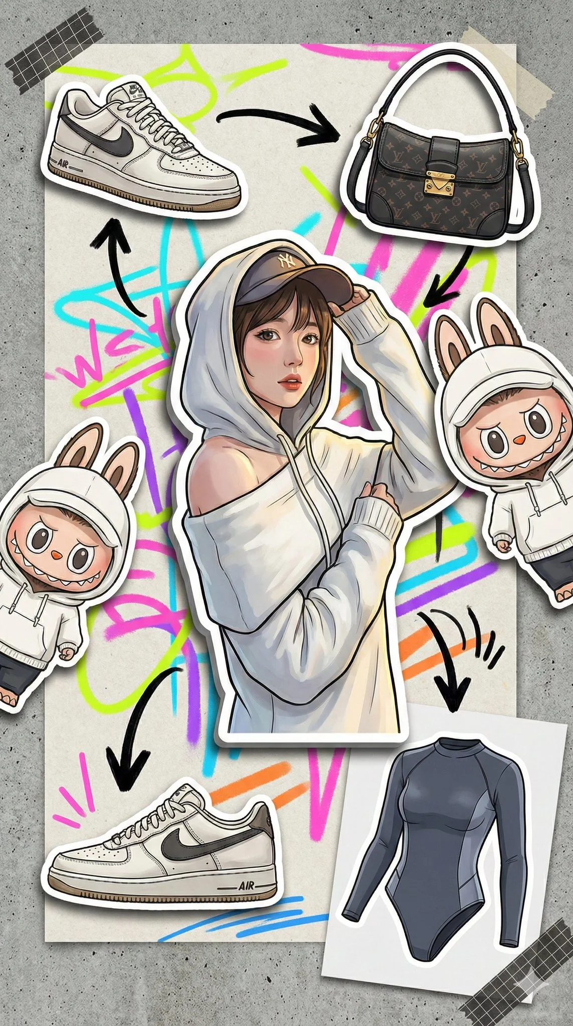 Ilustración de panel de inspiración de moda a pantalla completa, combinación de ropa urbana y marcas de lujo